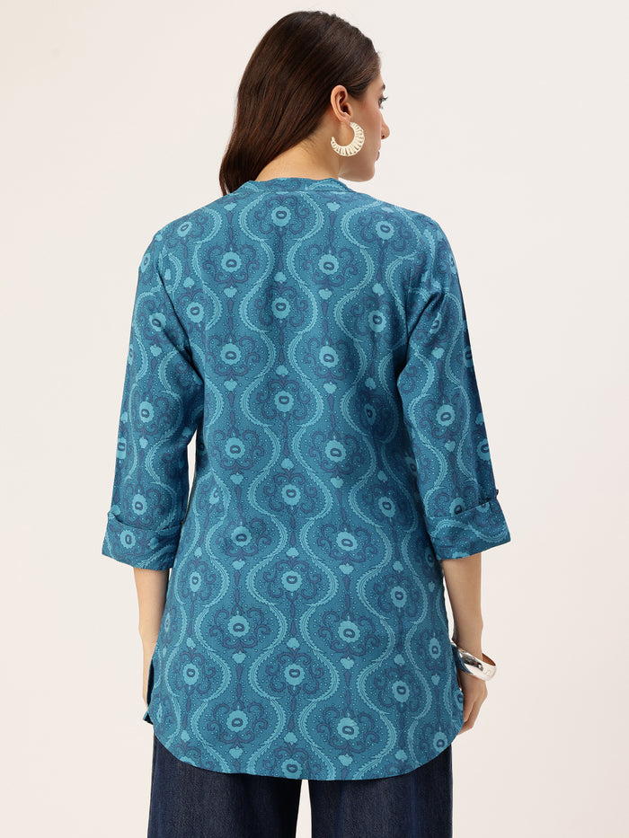 Blue Ethnic Printed Mandarin Collar Tunic, Short Kurta, Short Top, Blue Short Kurta, Ethnic Short Kurta, Printed Short Kurta