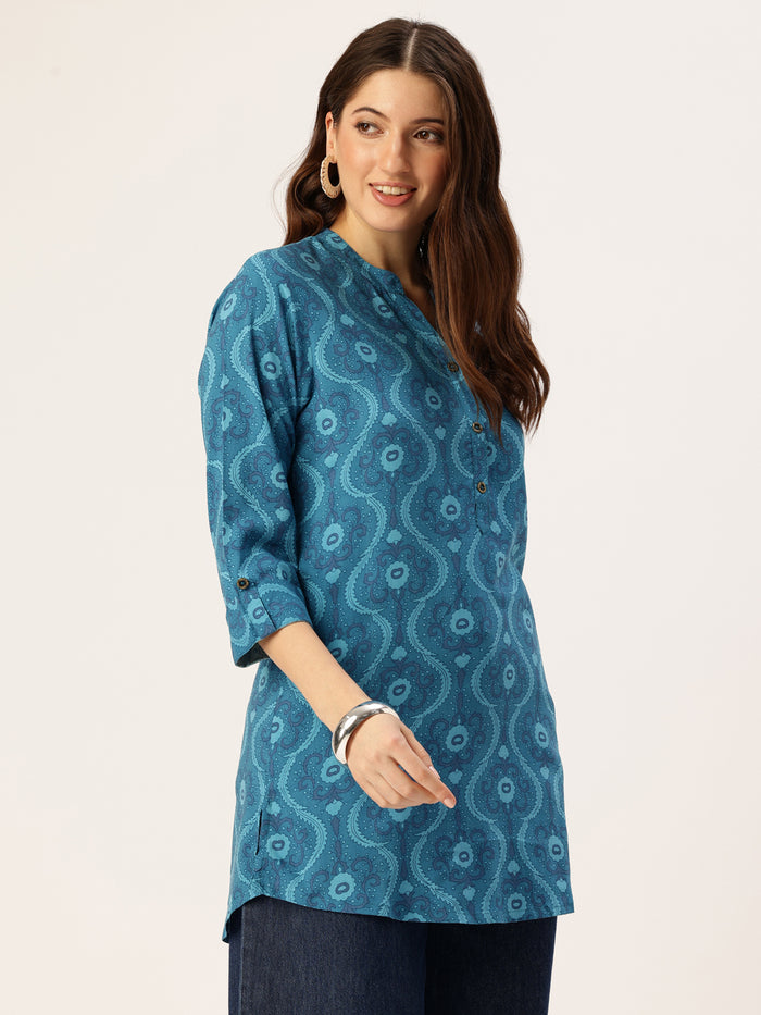 Blue Ethnic Printed Mandarin Collar Tunic, Short Kurta, Short Top, Blue Short Kurta, Ethnic Short Kurta, Printed Short Kurta