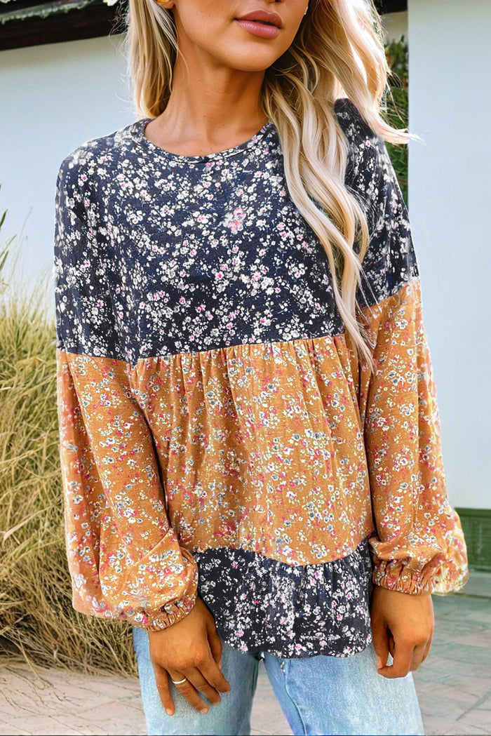Blue Floral Colour Block Patchwork Ruffled Hem Round Neck Blouse - BLUE / S / 95% POLYESTER + 5% ELASTANE