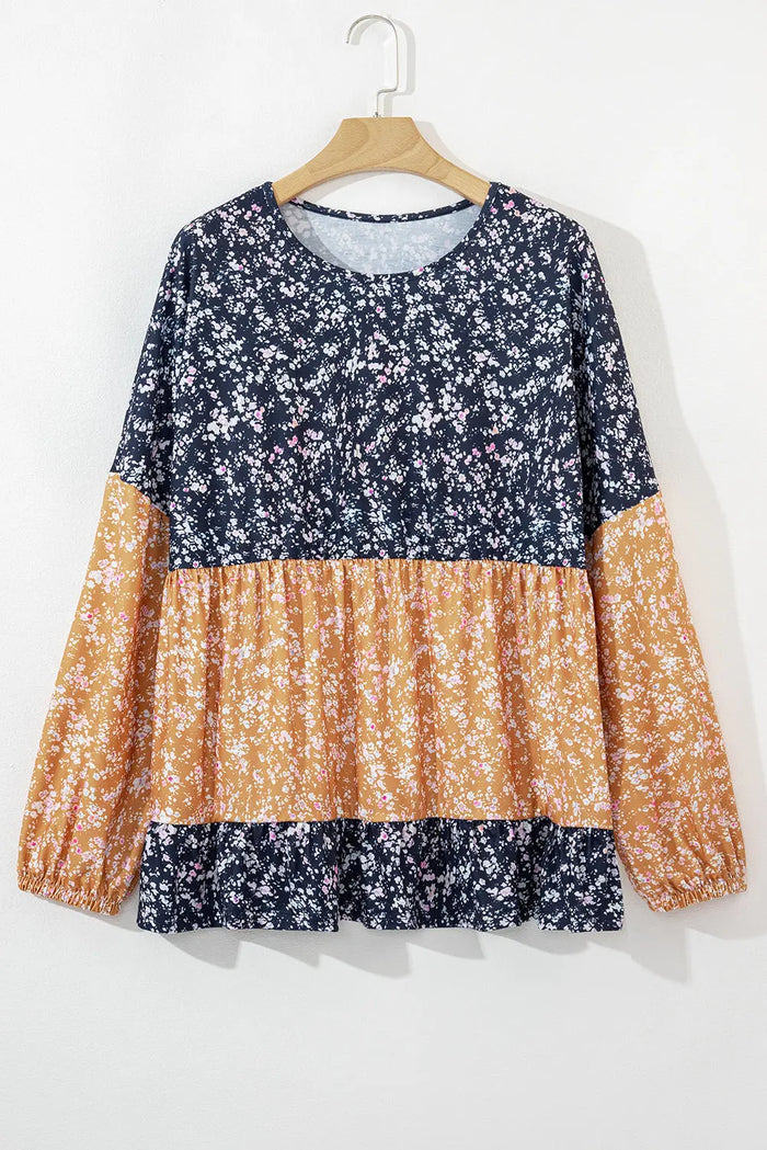 Blue Floral Colour Block Patchwork Ruffled Hem Round Neck Blouse - Tops/Blouses & Shirts