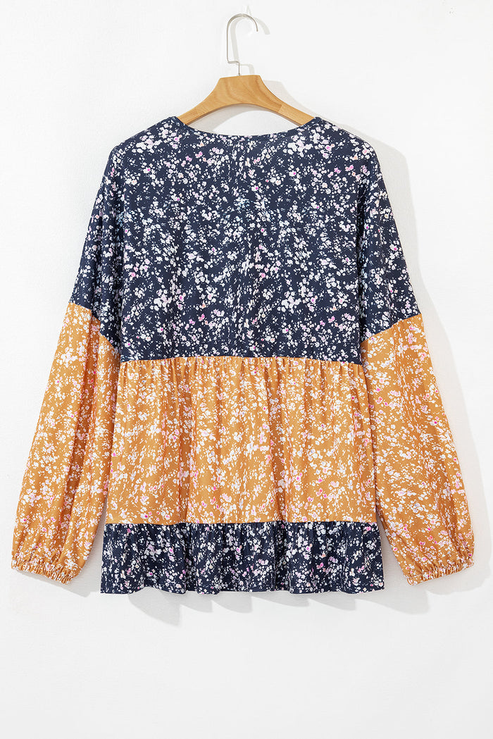 Blue Floral Colour Block Patchwork Ruffled Hem Round Neck Blouse - Tops/Blouses & Shirts
