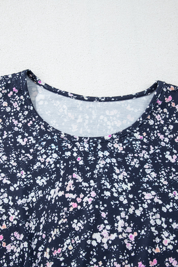 Blue Floral Colour Block Patchwork Ruffled Hem Round Neck Blouse - Tops/Blouses & Shirts