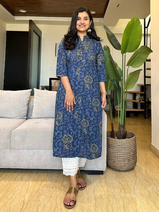 Blue Floral Jaal Cotton Kurta