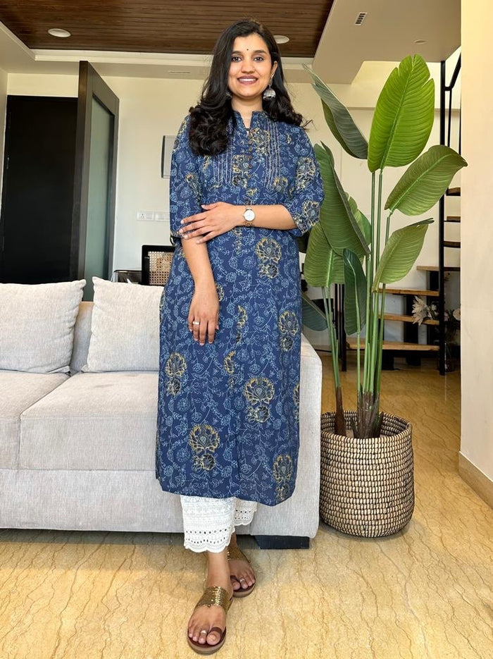 Blue Floral Jaal Cotton Kurta