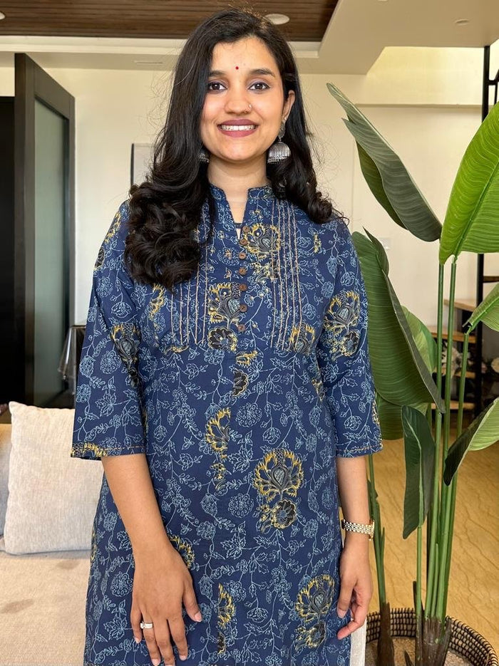 Blue Floral Jaal Cotton Kurta