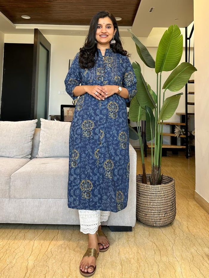 Blue Floral Jaal Cotton Kurta