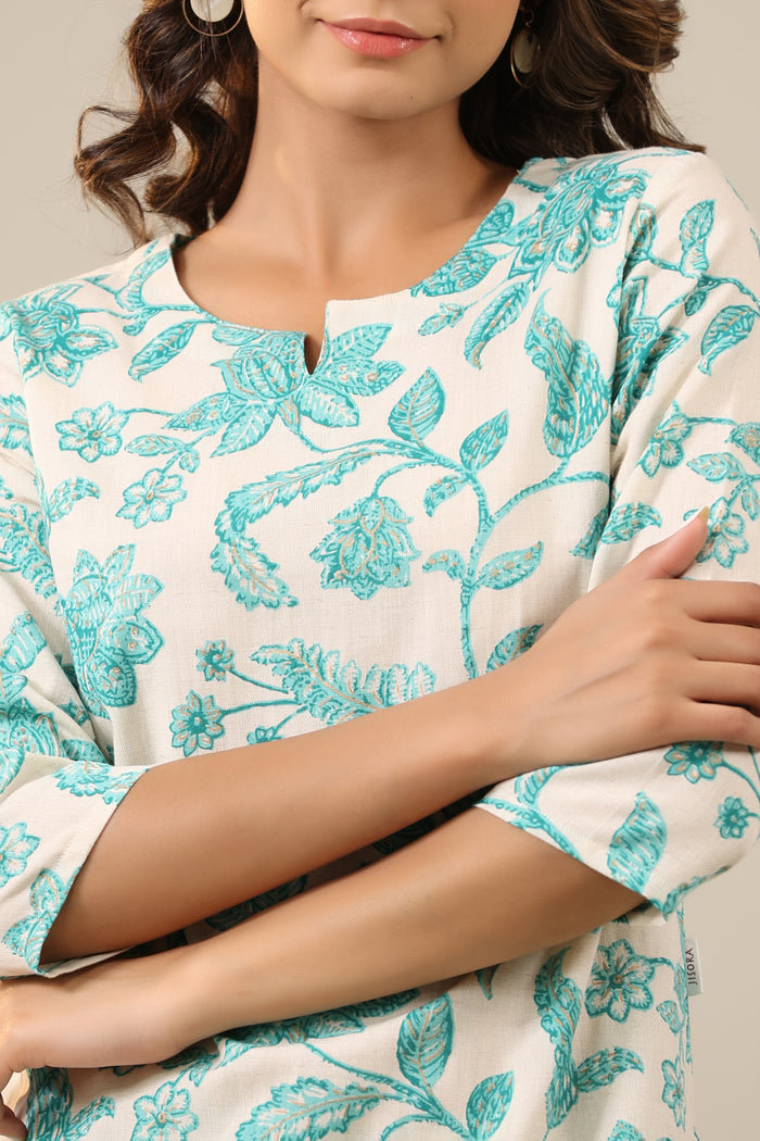 Blue Jaal on White Cotton Flex Palazzo Loungewear Set