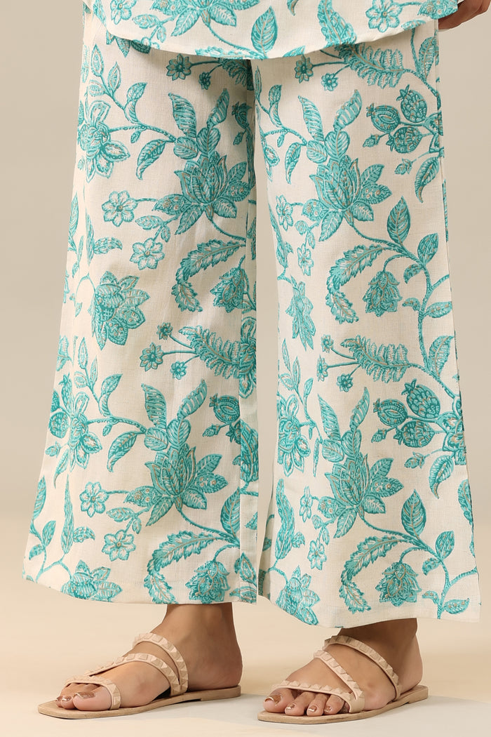 Blue Jaal on White Cotton Flex Palazzo Loungewear Set