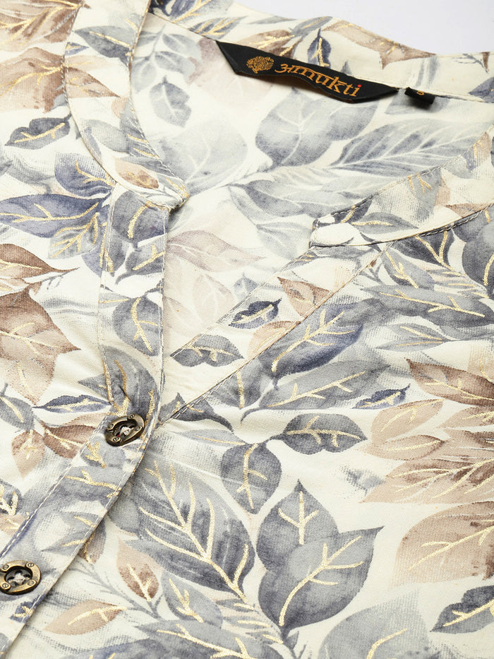 Blue Leaf Printed Mandarin Collar Tunic, Floral Printed Tunic, printed tunic, mandarin collar Tunic, casual wear Tunic, women’s tunic, Office Wear Tunic