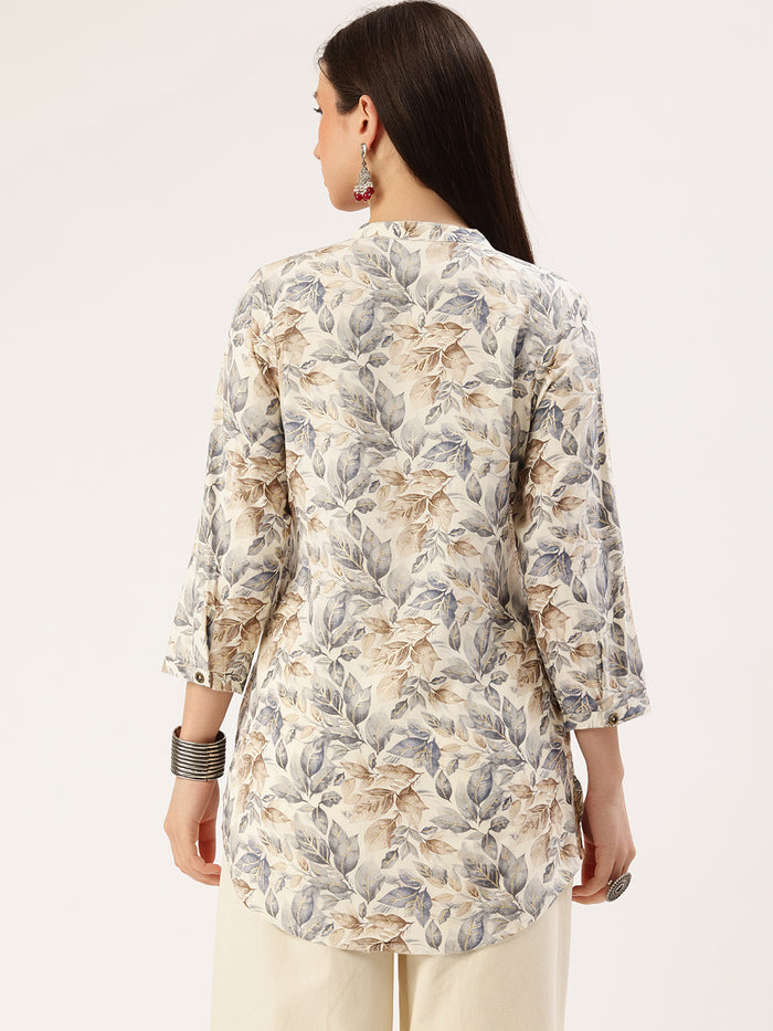 Blue Leaf Printed Mandarin Collar Tunic, Floral Printed Tunic, printed tunic, mandarin collar Tunic, casual wear Tunic, women’s tunic, Office Wear Tunic
