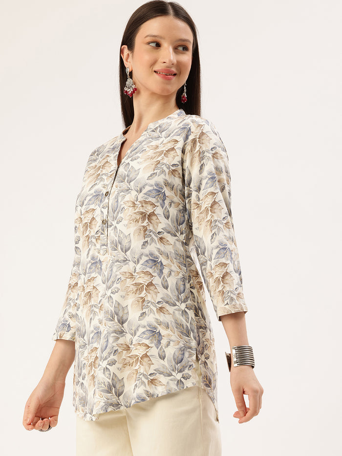 Blue Leaf Printed Mandarin Collar Tunic, Floral Printed Tunic, printed tunic, mandarin collar Tunic, casual wear Tunic, women’s tunic, Office Wear Tunic