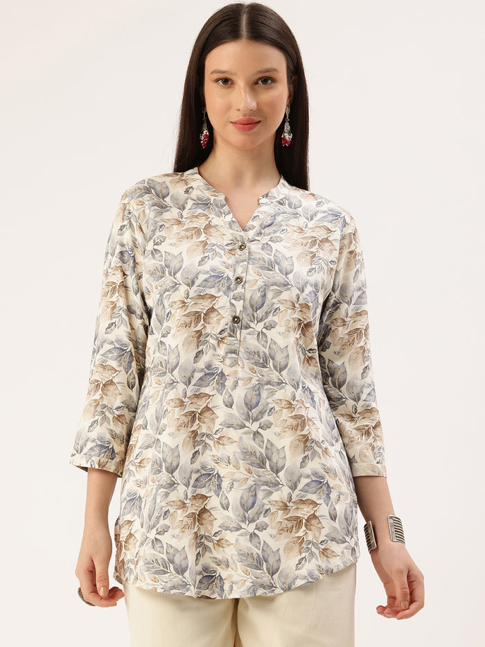 Blue Leaf Printed Mandarin Collar Tunic, Floral Printed Tunic, printed tunic, mandarin collar Tunic, casual wear Tunic, women’s tunic, Office Wear Tunic