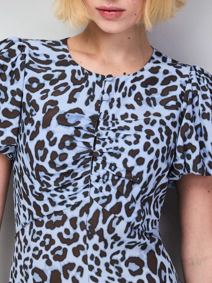 Blue Leopard-Print Button-Detail Dress