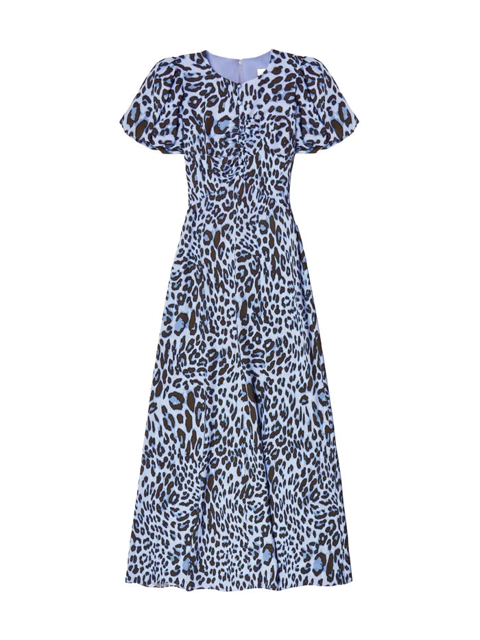 Blue Leopard-Print Button-Detail Dress