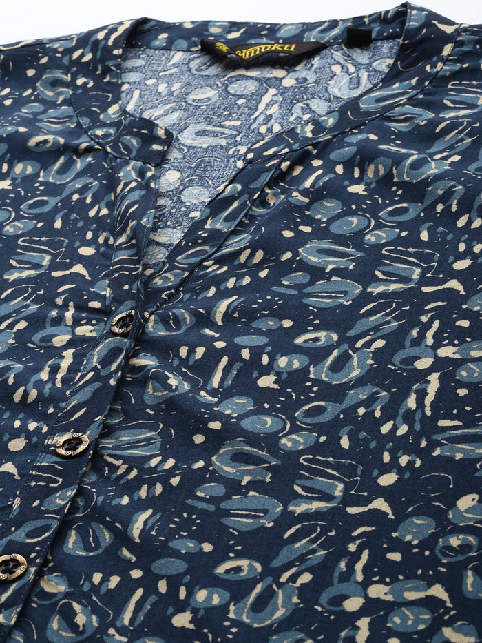 Blue Printed Band Collar Tunic, Short Kurta, Blue Short Kurta