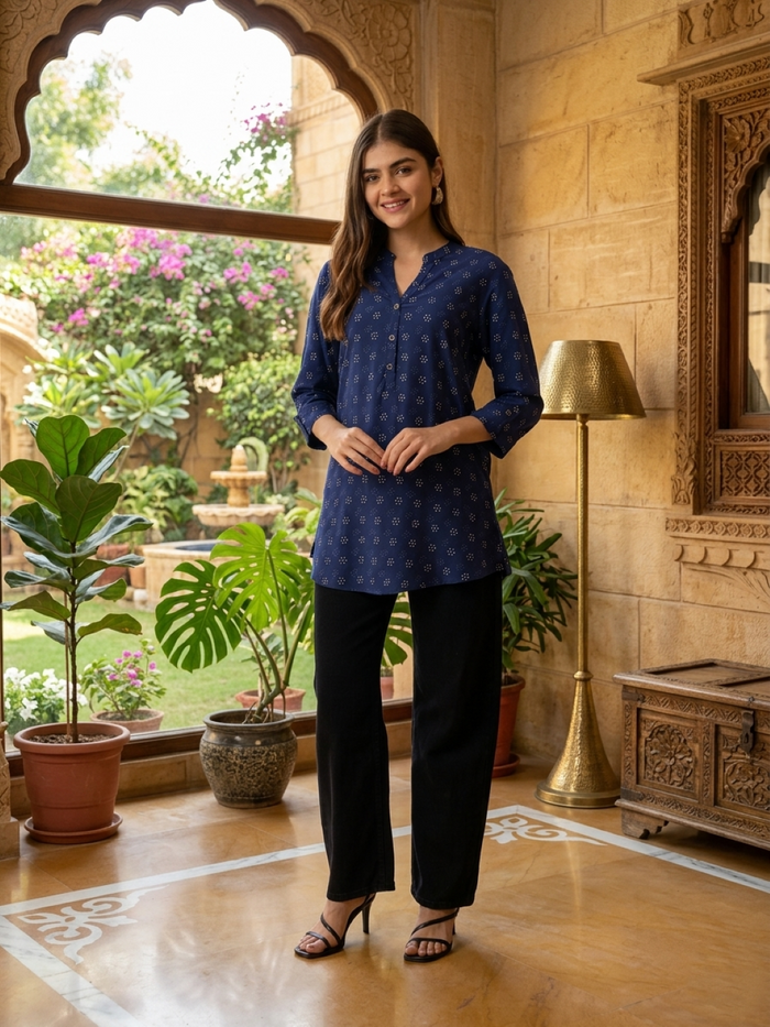 Blue Printed Mandarin Collar Tunic