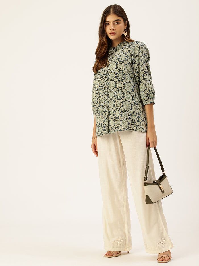 Blue Printed Mandarin Collar Tunic