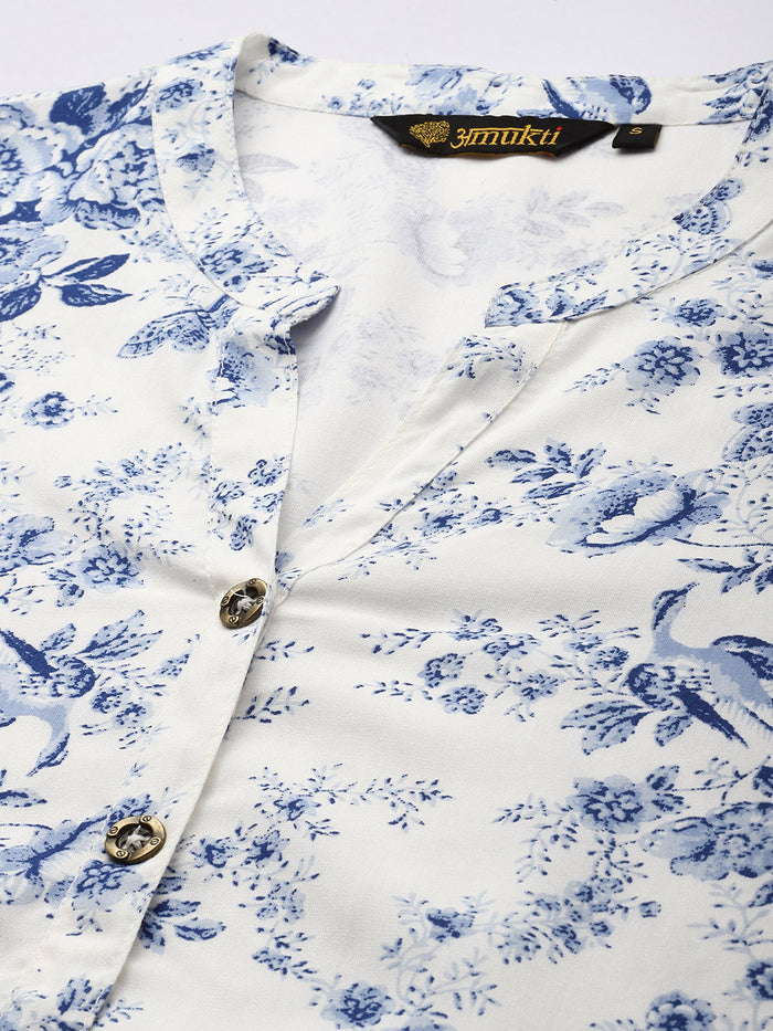 Blue Printed Mandarin Collar Tunic, Floral Printed Tunic, printed tunic, mandarin collar Tunic, casual wear Tunic, women’s tunic, Office Wear Tunic