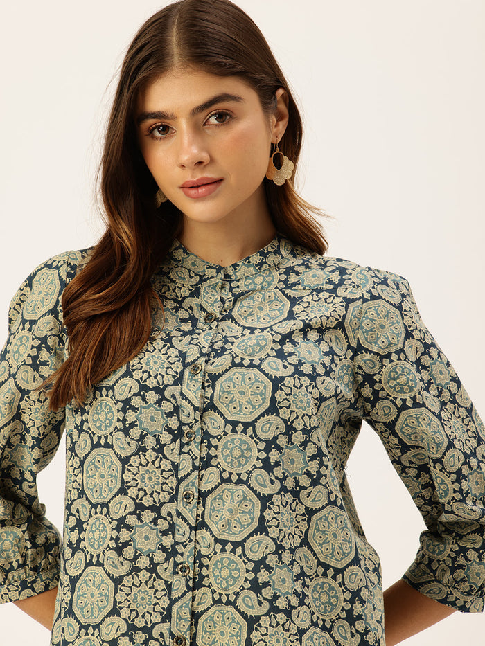 Blue Printed Mandarin Collar Tunic