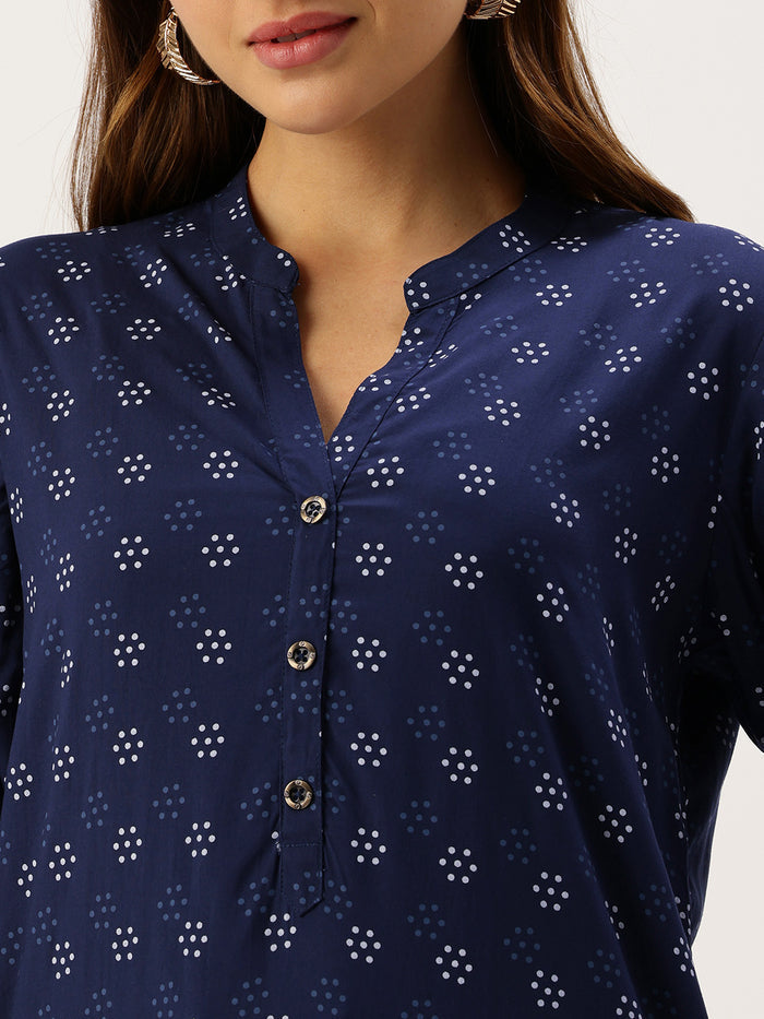 Blue Printed Mandarin Collar Tunic