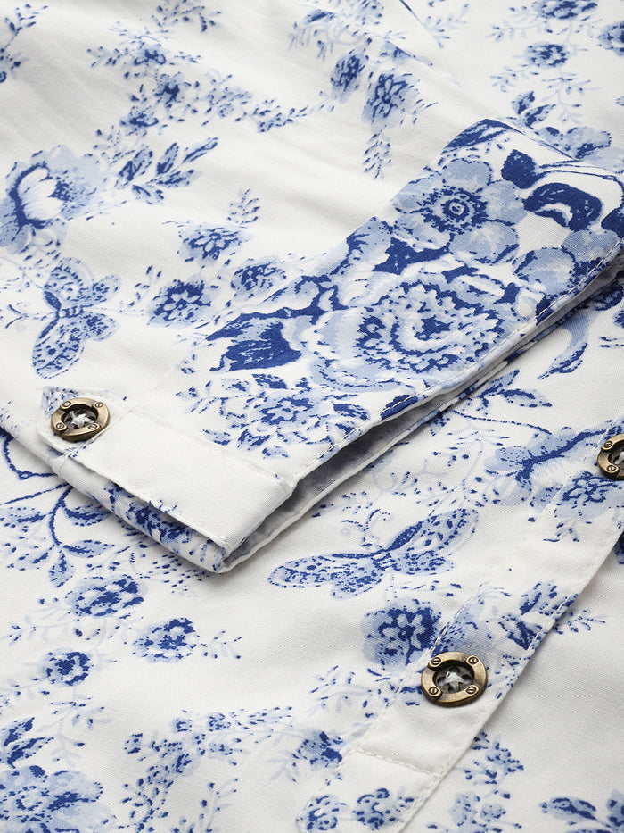 Blue Printed Mandarin Collar Tunic, Floral Printed Tunic, printed tunic, mandarin collar Tunic, casual wear Tunic, women’s tunic, Office Wear Tunic