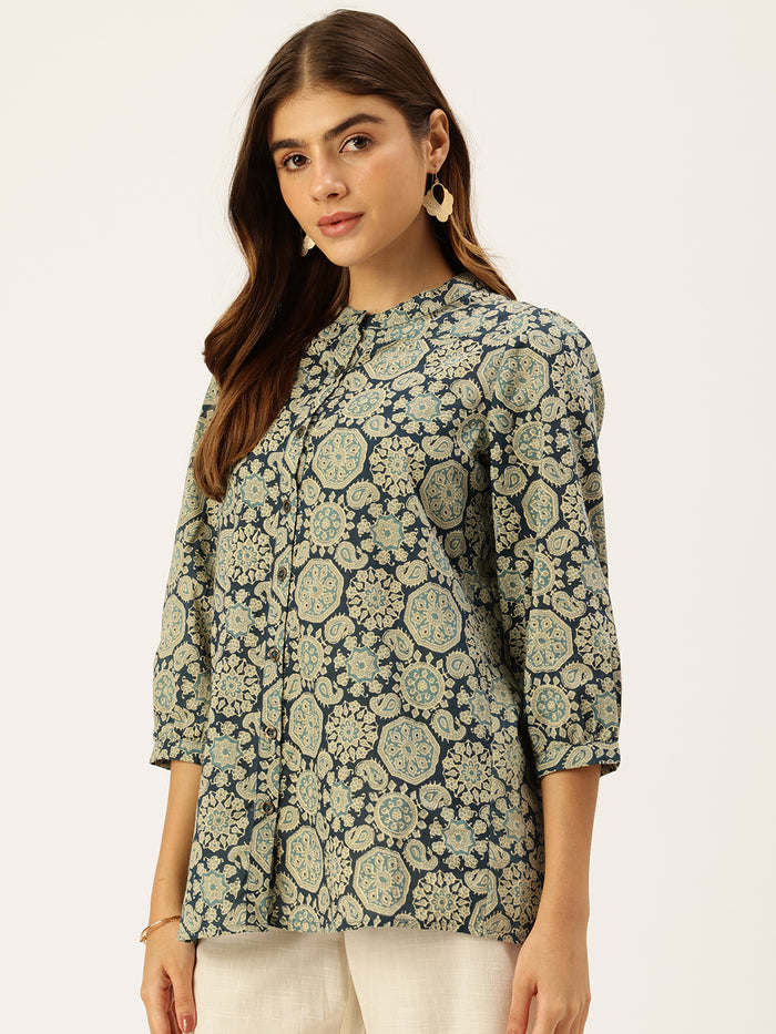 Blue Printed Mandarin Collar Tunic