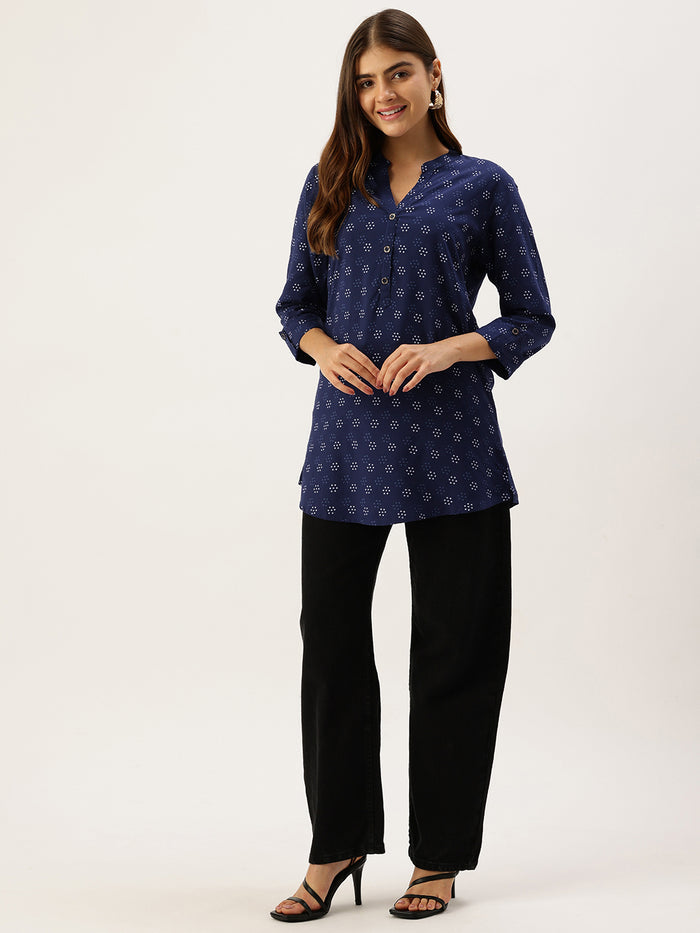 Blue Printed Mandarin Collar Tunic