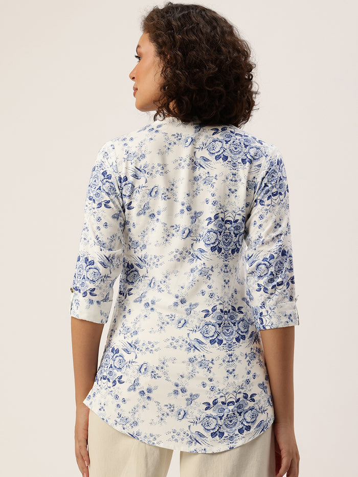 Blue Printed Mandarin Collar Tunic, Floral Printed Tunic, printed tunic, mandarin collar Tunic, casual wear Tunic, women’s tunic, Office Wear Tunic