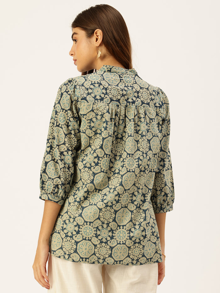 Blue Printed Mandarin Collar Tunic
