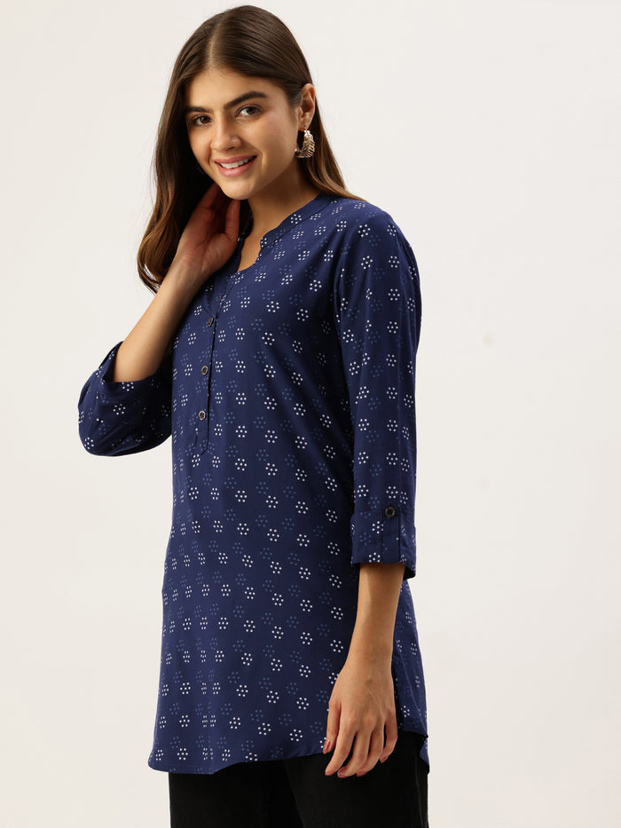 Blue Printed Mandarin Collar Tunic