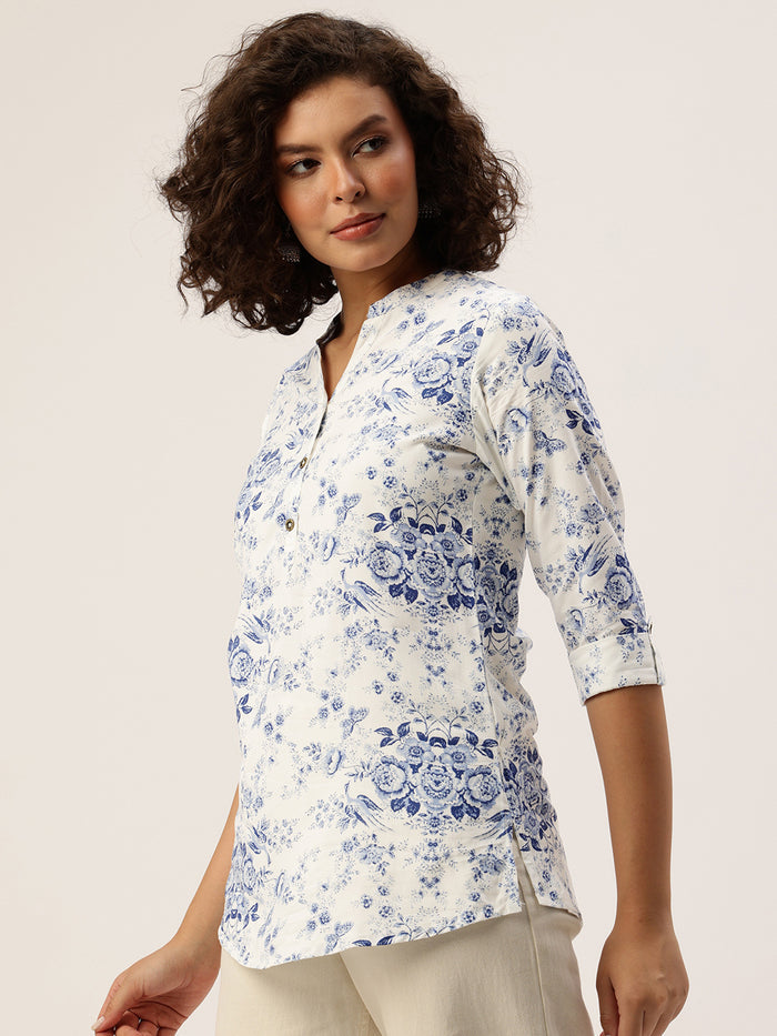 Blue Printed Mandarin Collar Tunic, Floral Printed Tunic, printed tunic, mandarin collar Tunic, casual wear Tunic, women’s tunic, Office Wear Tunic