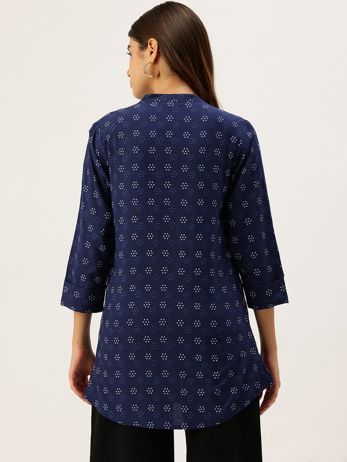 Blue Printed Mandarin Collar Tunic