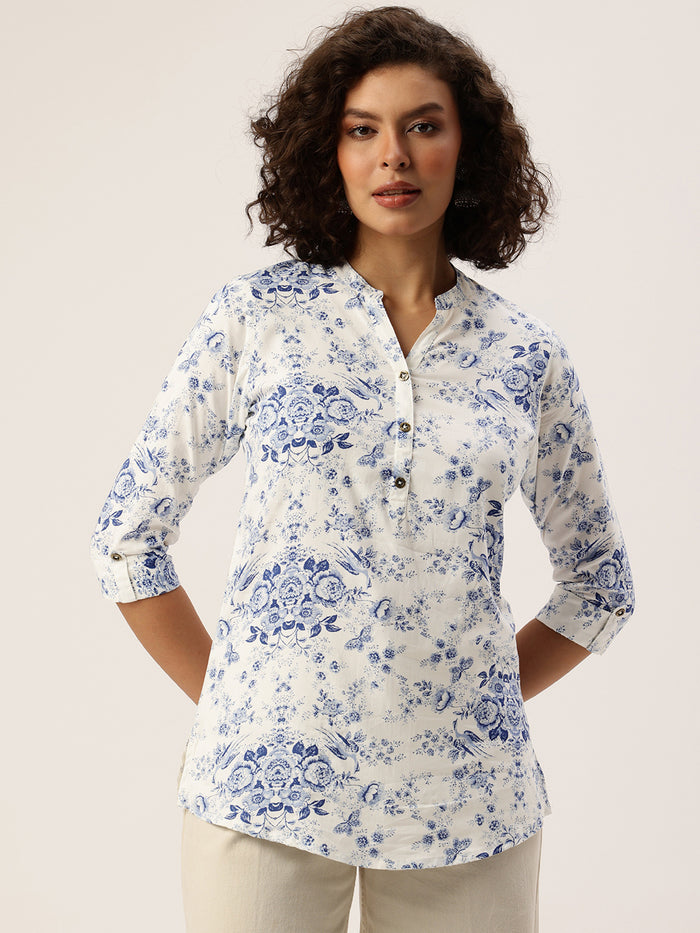 Blue Printed Mandarin Collar Tunic, Floral Printed Tunic, printed tunic, mandarin collar Tunic, casual wear Tunic, women’s tunic, Office Wear Tunic