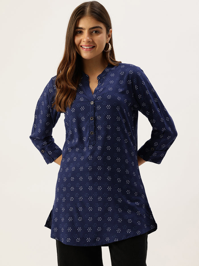 Blue Printed Mandarin Collar Tunic