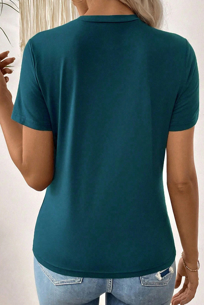 Blue Sapphire Solid Colour Toothpick Stripe Round Neck T Shirt - Tops/Tops & Tees