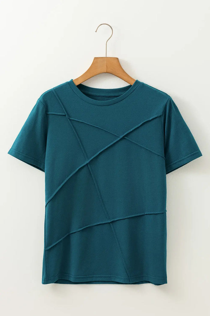 Blue Sapphire Solid Colour Toothpick Stripe Round Neck T Shirt - Tops/Tops & Tees
