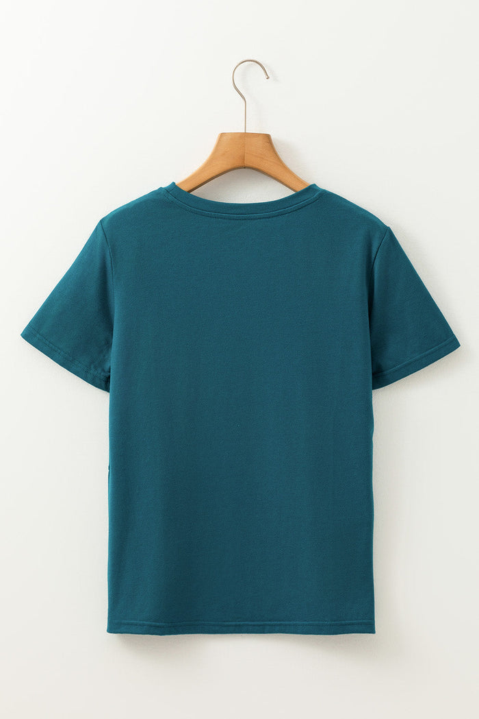 Blue Sapphire Solid Colour Toothpick Stripe Round Neck T Shirt - Tops/Tops & Tees