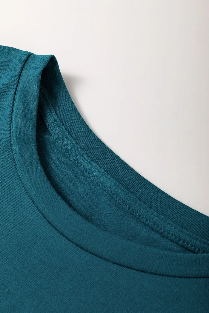 Blue Sapphire Solid Colour Toothpick Stripe Round Neck T Shirt - Tops/Tops & Tees