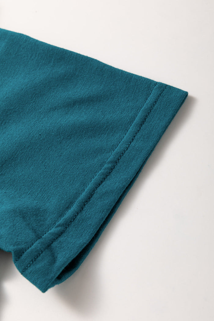 Blue Sapphire Solid Colour Toothpick Stripe Round Neck T Shirt - Tops/Tops & Tees