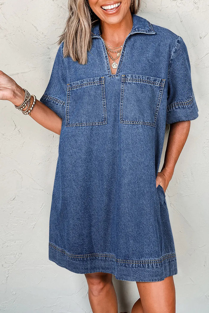 Blue Short Sleeve Collared Patched Pocket Denim Mini Dress - S / 82% Cotton + 10% Polyester + 8% Viscose - Dresses/Mini