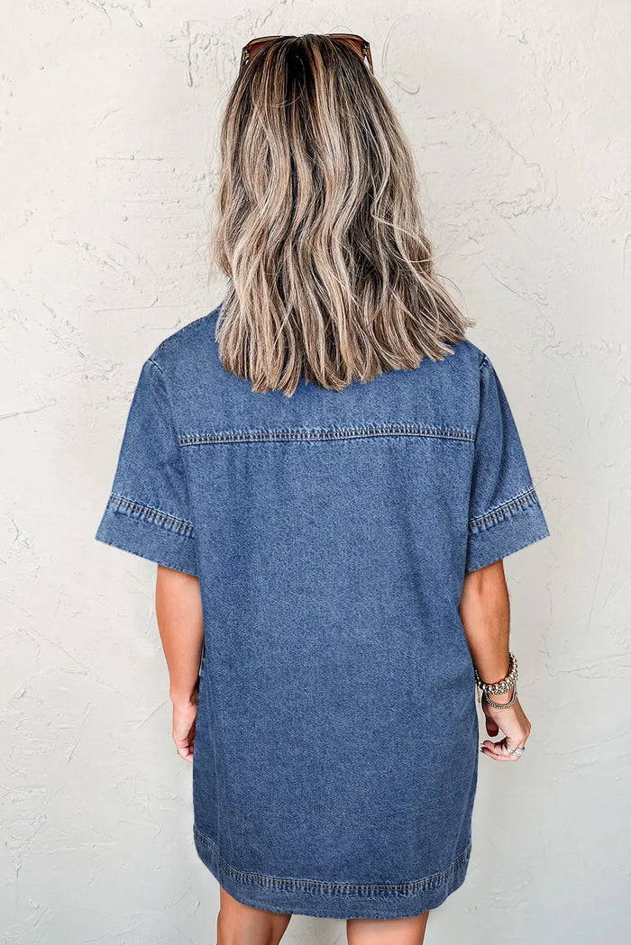 Blue Short Sleeve Collared Patched Pocket Denim Mini Dress - Dresses/Mini Dresses
