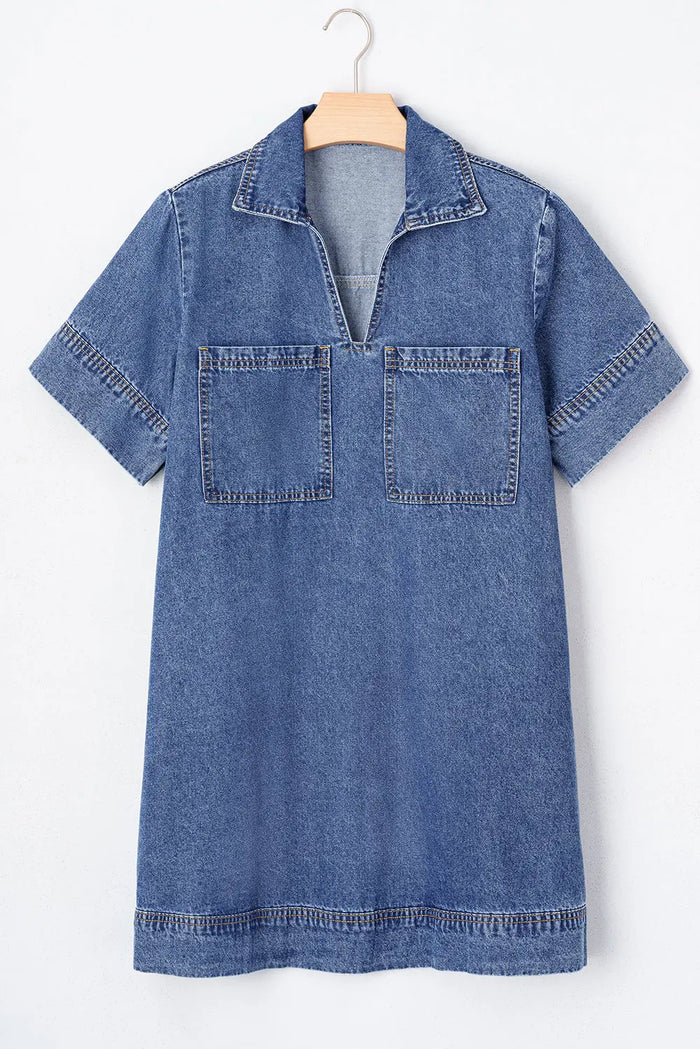 Blue Short Sleeve Collared Patched Pocket Denim Mini Dress - Dresses/Mini Dresses
