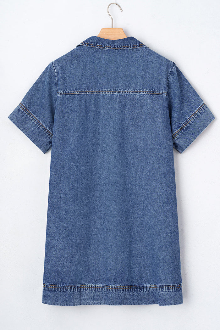 Blue Short Sleeve Collared Patched Pocket Denim Mini Dress - Dresses/Mini Dresses