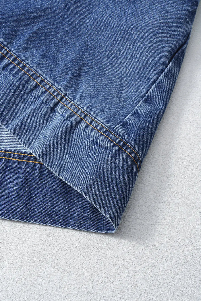 Blue Short Sleeve Collared Patched Pocket Denim Mini Dress - Dresses/Mini Dresses