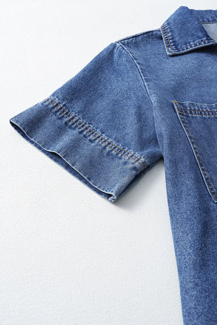 Blue Short Sleeve Collared Patched Pocket Denim Mini Dress - Dresses/Mini Dresses