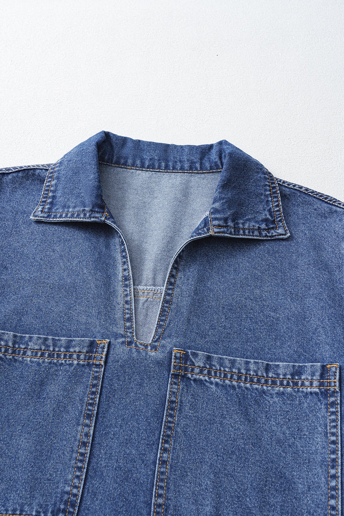 Blue Short Sleeve Collared Patched Pocket Denim Mini Dress - Dresses/Mini Dresses