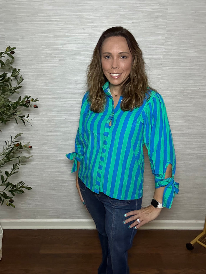 Blue Stripe Puff Sleeve Tie-Detail Cotton Button Down Shirt