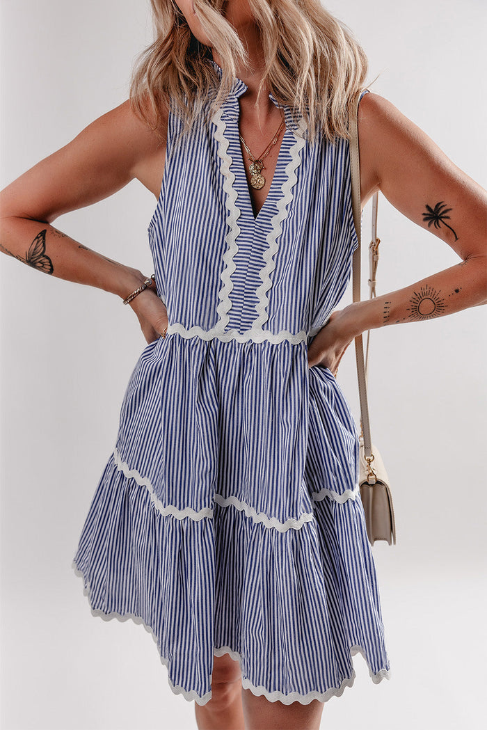 Blue Stripe Sleeveless Notched V Neck Contrast Ric Rac Mini Dress - Dresses/Mini Dresses