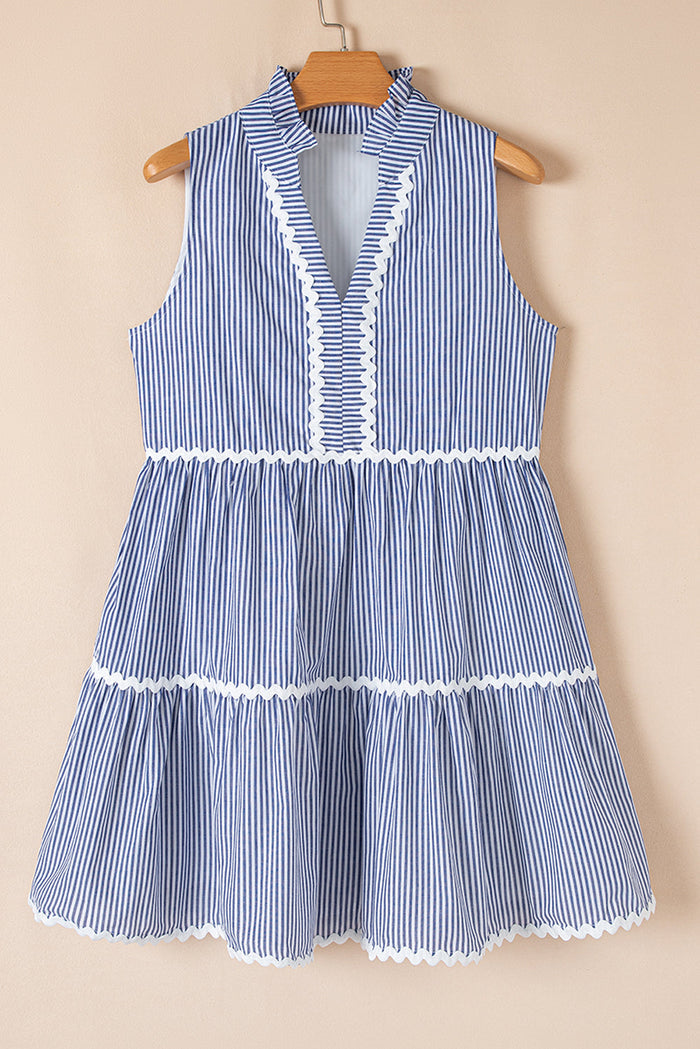 Blue Stripe Sleeveless Notched V Neck Contrast Ric Rac Mini Dress - Dresses/Mini Dresses