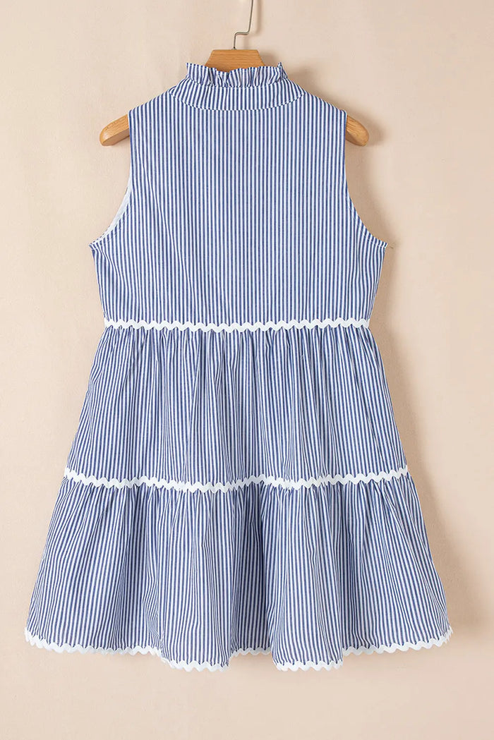 Blue Stripe Sleeveless Notched V Neck Contrast Ric Rac Mini Dress - Dresses/Mini Dresses